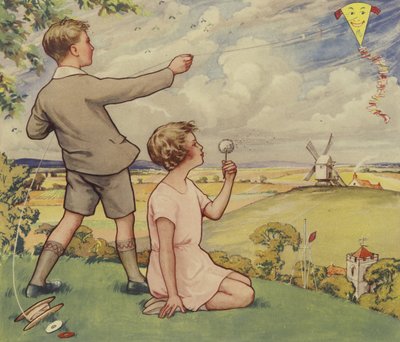 Chlapec a dívka pouštějí draka (barevná litografie) od English School