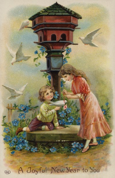 Chlapec a dívka posílají vánoční pozdravy holubicí (chromolit) od English School
