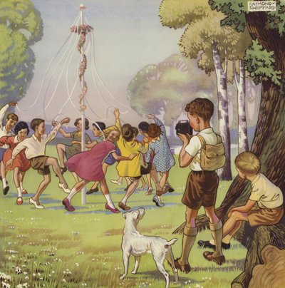 Chlapec natáčí děti tančící kolem májového pólu (barevné lito) od English School