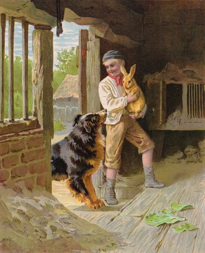 Chlapec se psem a králíkem na farmě (chromolitho) od English School