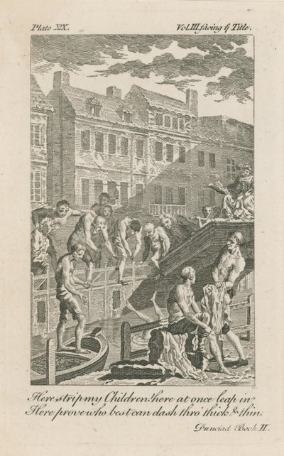 Jungen baden im Fleet Ditch bei der Bridewell Bridge im Jahr 1728 von English School