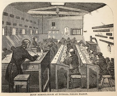 Chlapecká školní třída ve věznici Tothill Fields, ilustrace z knihy The Criminal Prisons of London and Scenes from Prison Life od Henryho Mayhewa a Johna Binnyho, vyd. 1862 od English School