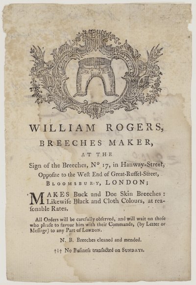 Breeches Makers, William Rogers, vizitka od English School