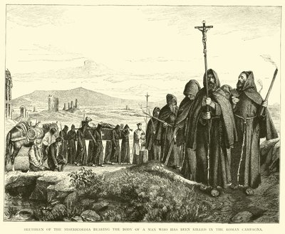 Bratři z Misericordia nesoucí tělo muže, který byl zabit v římské Campagna od English School