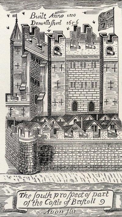 Bristolský hrad, podle mapy Bristolu Jamese Millerda z roku 1673, z „Krátké historie anglického lidu“ od J. R. Greena, vydané v roce 1893 od English School