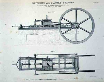 Britannia a Conway Bridges: Parní stroj pracující na hydraulických lisech pro zvedání trubek, pánové Easton a Amos z Londýna (litho) od English School