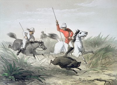 Britští armádní důstojníci loví divoká prasata v Indii od English School