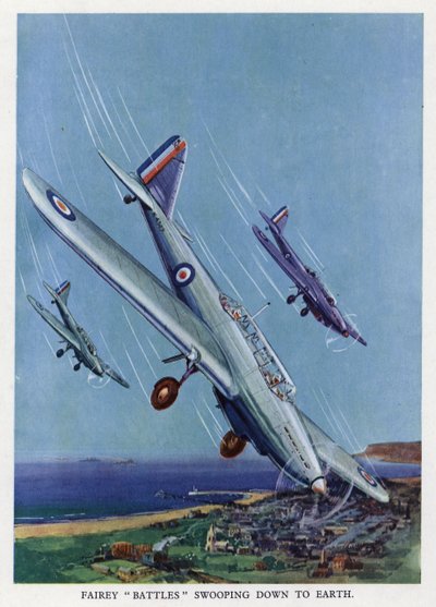 Britské lehké bombardéry Fairey Battle klesající k zemi (barva lito) od English School