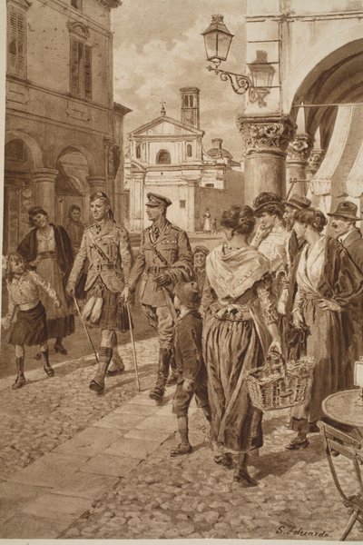Přivítání britských horalů ve francouzském městě, 1914-19 od English School