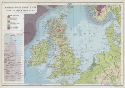 Britské ostrovy a Severní moře s vyznačením výšky pevniny a hloubky moře (barevná litografie) od English School