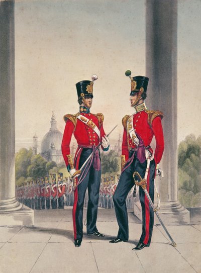 Britští důstojníci v Indii (barevné rytí) od English School
