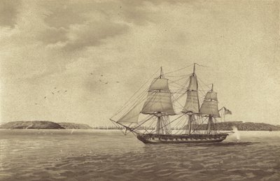 Britská fregata HMS Fisgard, které velí kapitán Thmas Byam Martin, při průzkumu u Brestu ve Francii (litografie) od English School