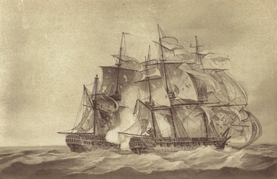 Britská fregata HMS Santa Margarita, které velel kapitán Thomas Byam Martin, zachycující francouzskou fregatu Tamise, červen 1796 (litho) od English School