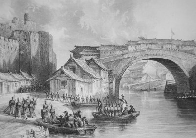Britští vojáci přistávají u Západní brány Ching Keang během opiových válek, ilustrace podle náčrtu očitého svědka kapitána Stoddarda (litho) (čb verze 225386) od English School