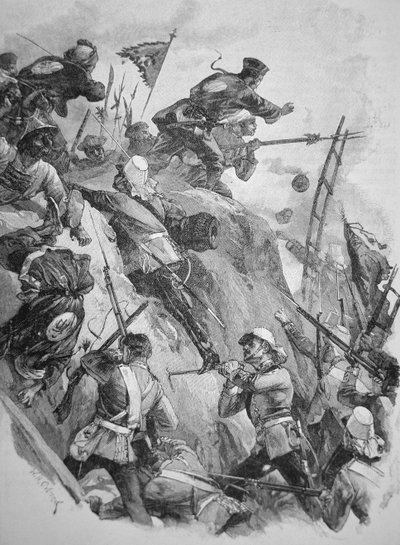 Britští vojáci zaútočili na pevnosti Taku v Číně v roce 1860 během opiových válek (litho) od English School