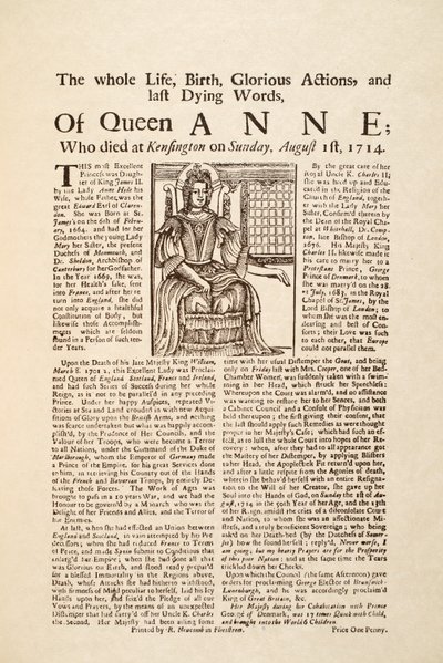 Broadside publikoval o smrti královny Anny, v neděli 1. srpna 1714 (tisk a dřevoryt) od English School