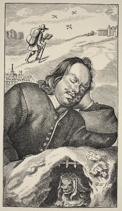 Bunyans Dream, frontispis The Pilgrims Progress od Johna Bunyana (1628-88), 4. vydání, pub. 1680 (sépiová fotografie) od English School