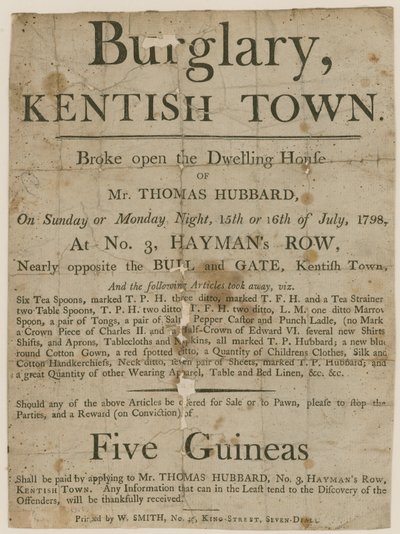 Vloupání do Kentish Town v roce 1798. Odměna 5 liber od English School