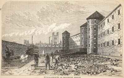 Pohřebiště ve věznici Millbank, ilustrace z knihy The Criminal Prisons of London and Scenes from Prison Life od Henryho Mayhewa a Johna Binnyho, vyd. 1862 od English School