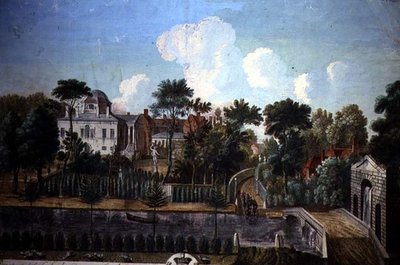 Burlington House, Chiswick, navržený Williamem Kentem (1685-1748) 1725-36 (barevná rytina) od English School