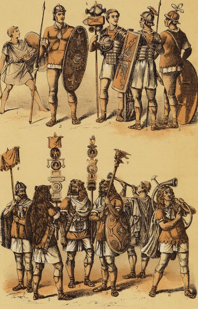 Caesar, Galská válka: římští vojáci (barevná litografie) od English School