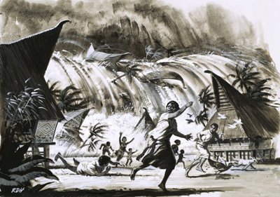 Neštěstí v Krakatoa. Přílivová vlna snášející se dolů na vesnici od English School