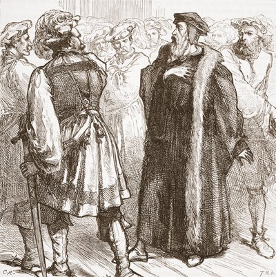 Kalvín před svými nepřáteli v koncilu, ilustrace z Historie protestantismu od Jamese Aitkena Wylie (1808-1890), hospoda. 1878 od English School