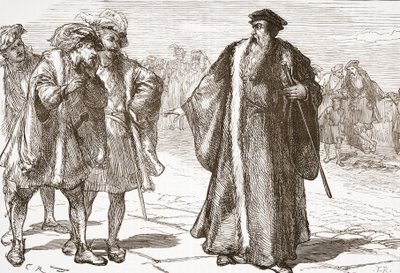 Calvin uražen Libertines na Rhone Bridge, ilustrace z Historie protestantismu od Jamese Aitkena Wylie (1808-1890), hospoda. 1878 od English School