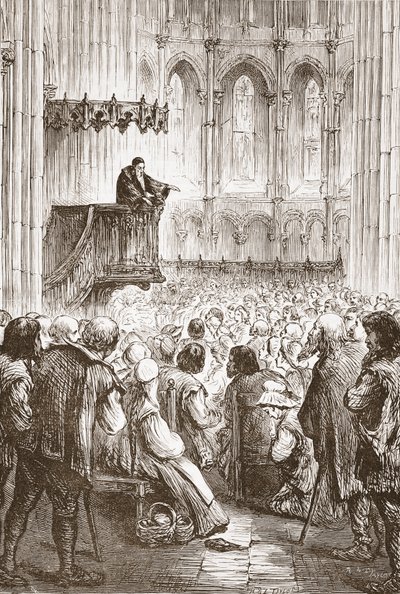 Calvin káže své kázání na rozloučenou v očekávání vyhnanství, ilustrace z Historie protestantismu od Jamese Aitkena Wylie (1808-1890), hospoda. 1878 od English School