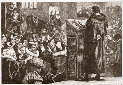 Calvin vyhrožoval v kostele Rive, ilustrace z Historie protestantismu od Jamese Aitkena Wylie (1808-1890), hospoda. 1878 od English School