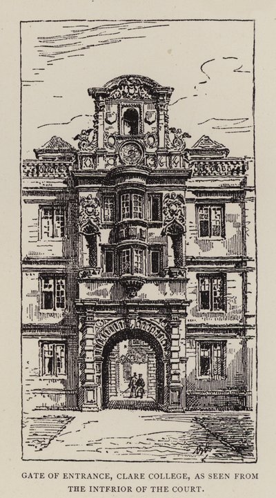 Cambridge: Gate of Entrance, Clare College, při pohledu z vnitřku dvora (lept) od English School