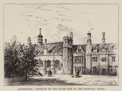Cambridge: Peterhouse, exteriér jižní strany hlavního soudu (lept) od English School