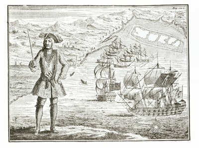 Kapitán Bartholomew Roberts (1682-1722) se dvěma loděmi, Royal Fortune a Ranger, vyplouvá na Whydah Road na pobřeží Guiney, 11. ledna 172?, z knihy A General History of the Robberies and Mu od English School