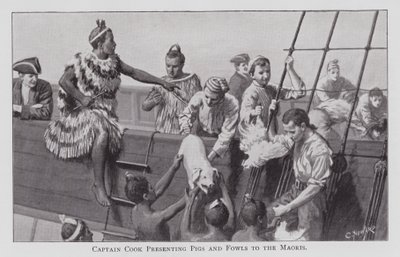 Kapitán Cook představuje prasata a drůbež Maorům (litho) od English School