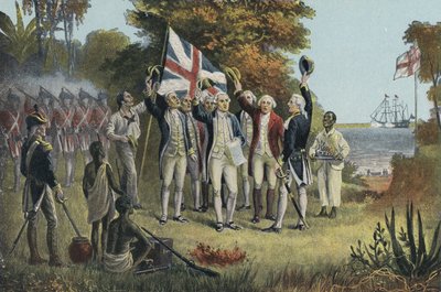 Kapitán Cook přebírá držení Austrálie (barevné lito) od English School