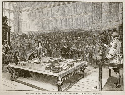 Kapitán Kidd před pultem Dolní sněmovny, ilustrace z Cassells Illustrated History of England (sépiová fotografie) od English School