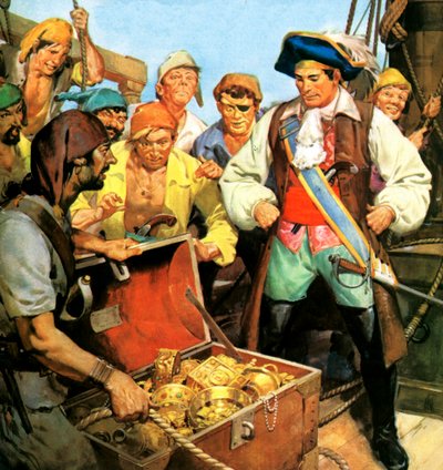 Ztracený poklad kapitána Kidda, jehož tajemství si v roce 1701 odnesl na šibenici (barevná litografie) od English School
