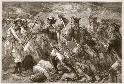 Kapitán Yorke vede opuštěnou naději v Masulipatnam, Ilustrace z Cassellových Ilustrovaných dějin Indie od Jamese Granta, hospoda. 1879 od English School