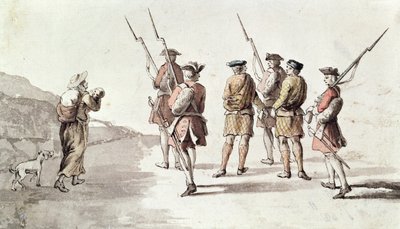 Zajetí rebela, Simon Fraser, Lord Lovat (1667?-1747) (akvarel na papíře) od English School