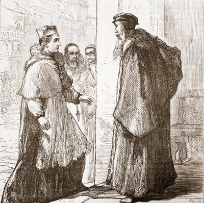 Kardinál Sadoleto navštíví Calvina, ilustrace z Historie protestantismu od Jamese Aitkena Wylie (1808-1890), hospoda. 1878 od English School