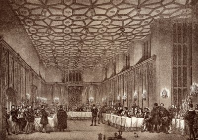Kardinál Wolsey bavící francouzské velvyslance v paláci Hampton Court, z „Historie paláce Hampton Court v Tudor Times“ od Ernesta Lawa, vydáno v Londýně 1885 od English School