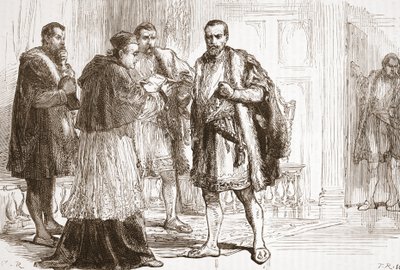 Kardinál de Tournon čte protestantský plakát Františku I., ilustrace z Historie protestantismu od Jamese Aitkena Wylie (1808-1890), hospoda. 1878 od English School
