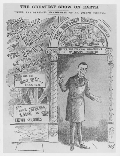 Karikatura Josepha Chamberlaina jako koloniálního tajemníka, kolem roku 1900 od English School
