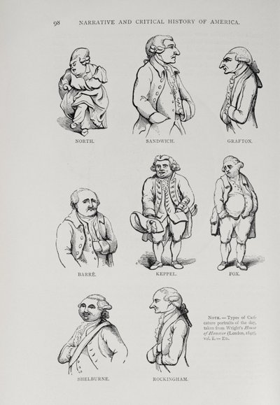 Karikatury z „Narrative and Critical History of America“, editoval Justin Winsor, Londýn, 1886 od English School