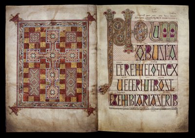 Kobercový list a incipitový list uvozující dopis svatého Jeronýma papeži Damasovi, Cotton Nero D. IV, f.2v a f.3r z Lindisfarne Gospels, 710-721 (pergamen) od English School