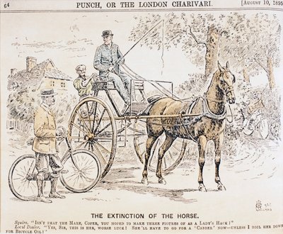 Kreslený film o příchodu jízdních kol a motorizované dopravy a následném ukončení provozu taženého koňmi, z časopisu Punch, 10. srpna 1895 od English School