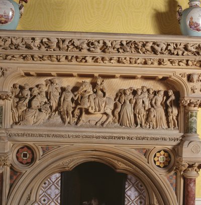 Vyřezávaný krb v přijímacím pokoji, zobrazující Alžbětu I. přivítanou hrabětem z Herefordu v roce 1591, 16. století od English School