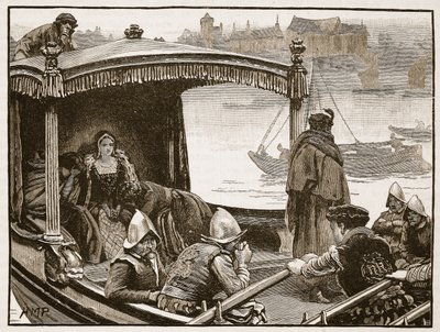 Kateřina Howardová při převozu do Toweru, ilustrace z Cassells Illustrated History of England (sépiová fotografie) od English School