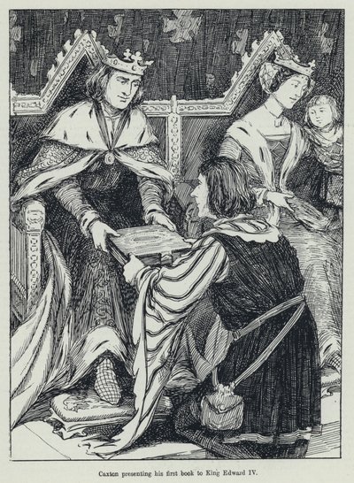 Caxton představuje svou první knihu králi Edwardu IV (litho) od English School