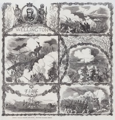 Oslava vítězství vévody z Wellingtonu při obléhání Seringapatamu (1799), porážce u Dhondia Wagh (1800), bitvě u Assaye (1803) a bitvě u Waterloo (1815) (rytina). od English School